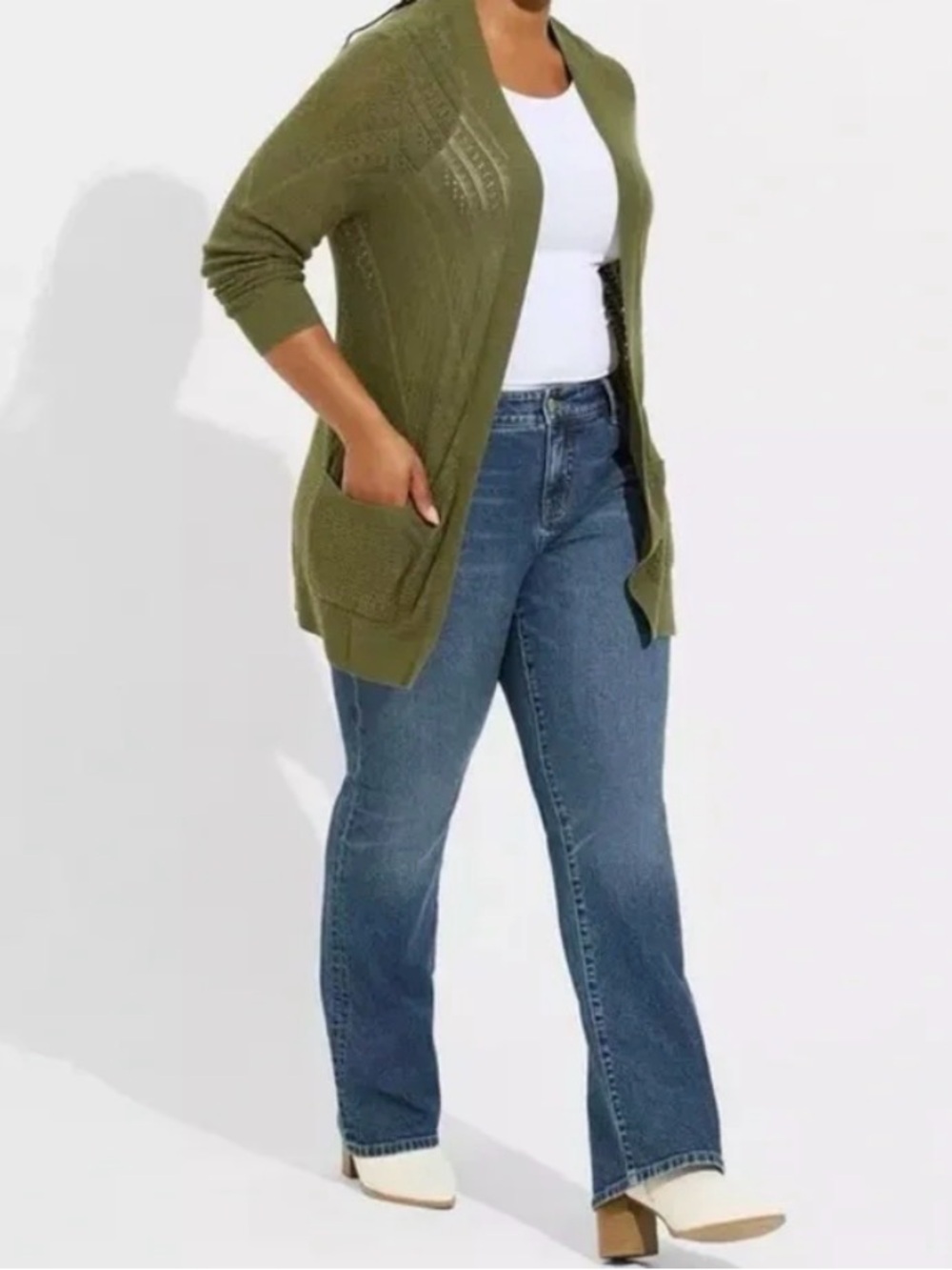 Torrid Size 00- Medium/10 Pointelle Longline Open Front Cardigan Sweater Green